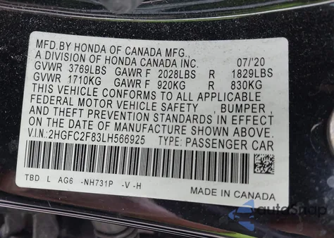 2020 Honda Civic Sport from USA, damaged, VIN 2HGFC2F83LH566925